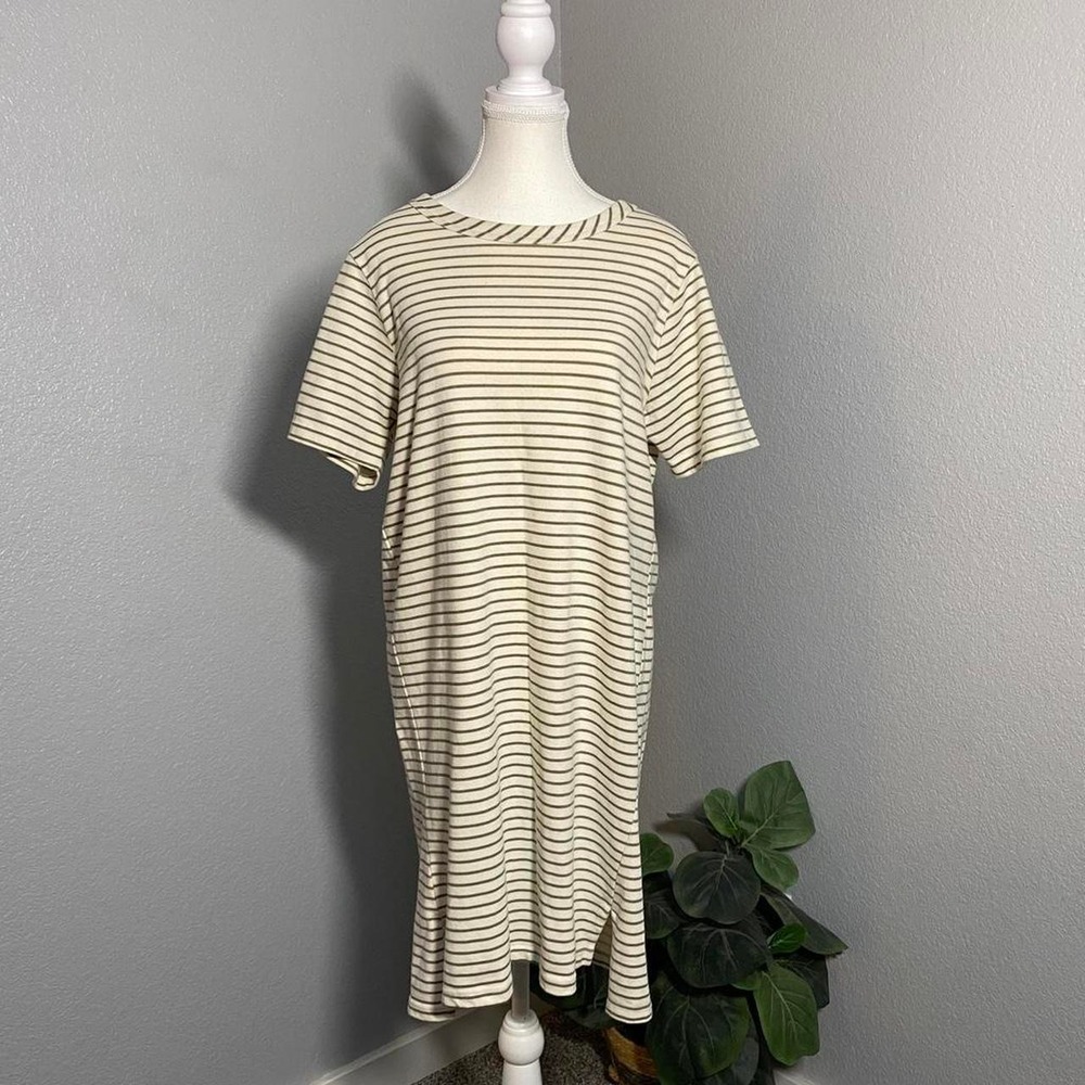 BUFFALO DAVID BITTON CREAM GREEN STRIPE TEE SHIRT DRESS SUMMER CORPORATE GIRLY
